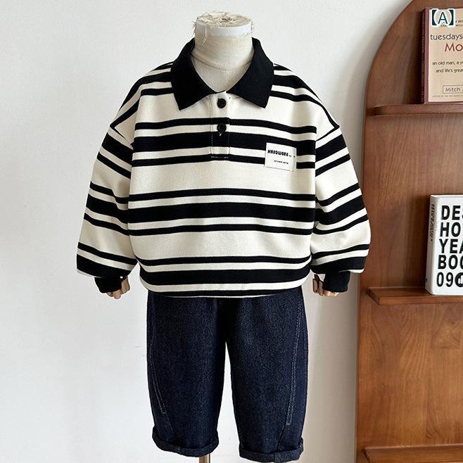 キッズ トップス 秋冬 子供 韓国風 スタイリッシュ モノトーン ボーダー柄 トレーナー 男の子 ポロシャツ・スタイル: カジュアル・適合年齢: 3～8歳 (100～140cm)・柄: ストライプ・厚さ: 厚手・袖丈: 長袖・留め具: プルオーバー・素材: 綿50%・安全レベル: B類・カラー: 黒ストライプ・適合身長: 90, 100, 110, 120, 130, 140・製品カテゴリ: 子供用トレーナー