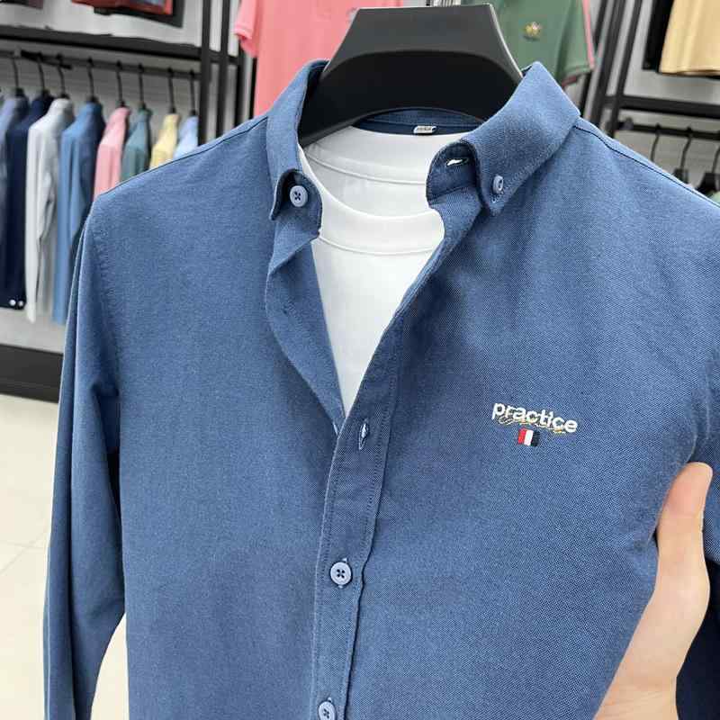 Other - シャツ メンズ 男性用 長袖 カジュアル オックスフォード 無地 刺繍 トップス 秋服 上着 ノーアイロン 綿100％