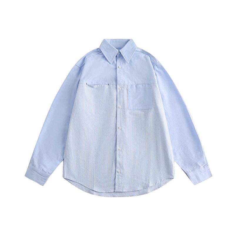 Short Sleeves - シャツ 男性用 切り替え ストライプ オックスフォード 長袖 トップス インスタ映え カジュアル