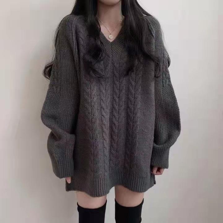 ワンピース レディース 秋冬 レトロ Vネック ケーブル編み ゆったり 大きめサイズ リラックス 体型カバー 普段使い かわいい
