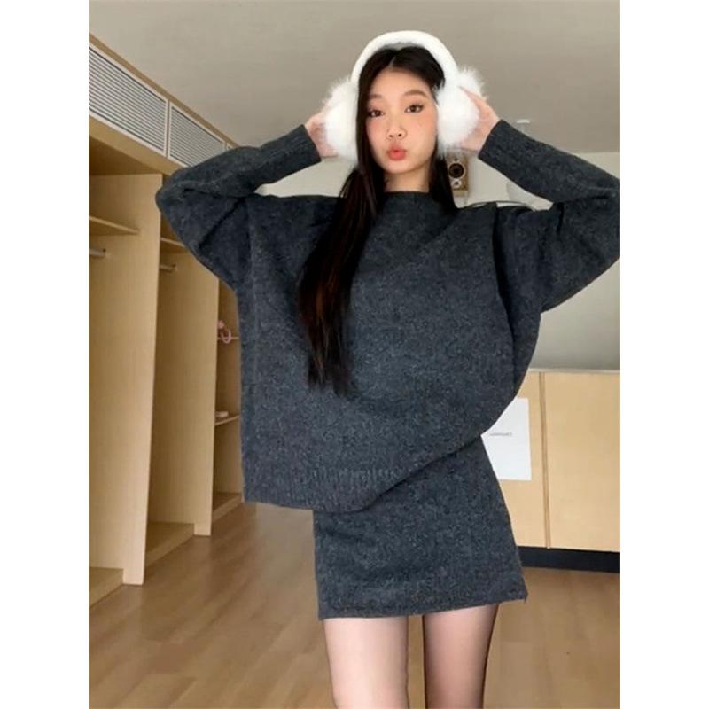 ニット レディース 韓国風 セットアップ グレー ニット トップス ミニスカート かわいい 春秋 レイヤード コーデ 普段使い おしゃれ