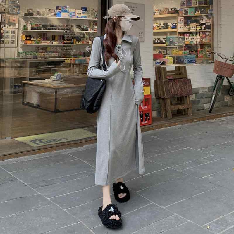 2ニットワンピース レディース 秋冬 グレー 長袖 ポロネック ロング丈 マキシ丈 インナー スリム あったか 暖か 着痩せ 体型カバー 上品 きれいめ エレガント