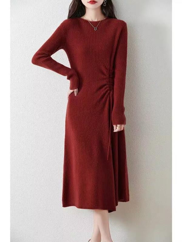 ワンピース レディース 秋冬 ニットワンピース フレンチ ラウンドネック 無地 ウエスト絞り ミドル丈 長袖 セーター きれいめ 上品 かわいい ニット Aライン 高見え エレガント