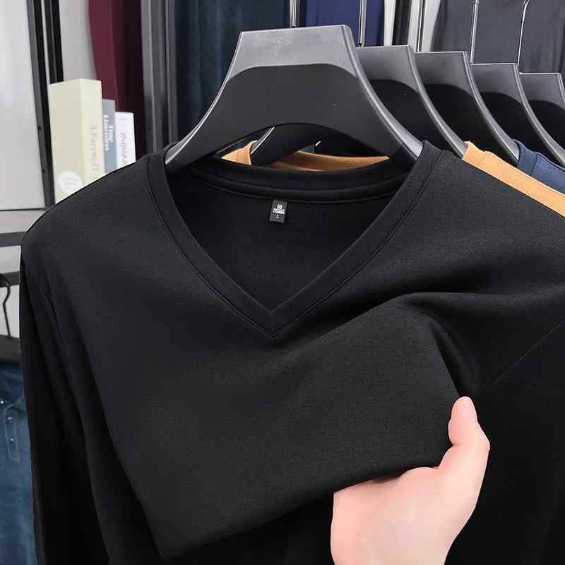 乐天商城 - Tシャツ 男性用 Vネック トップス 長袖 カットソー 無地 インナー 重ね着 春秋服