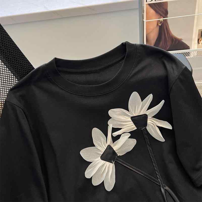 Tシャツ レディース 大きいサイズ 半袖 綿100% スリット 立体 花柄 トップス ゆったり かわいい 普段使い 部屋着 春夏2