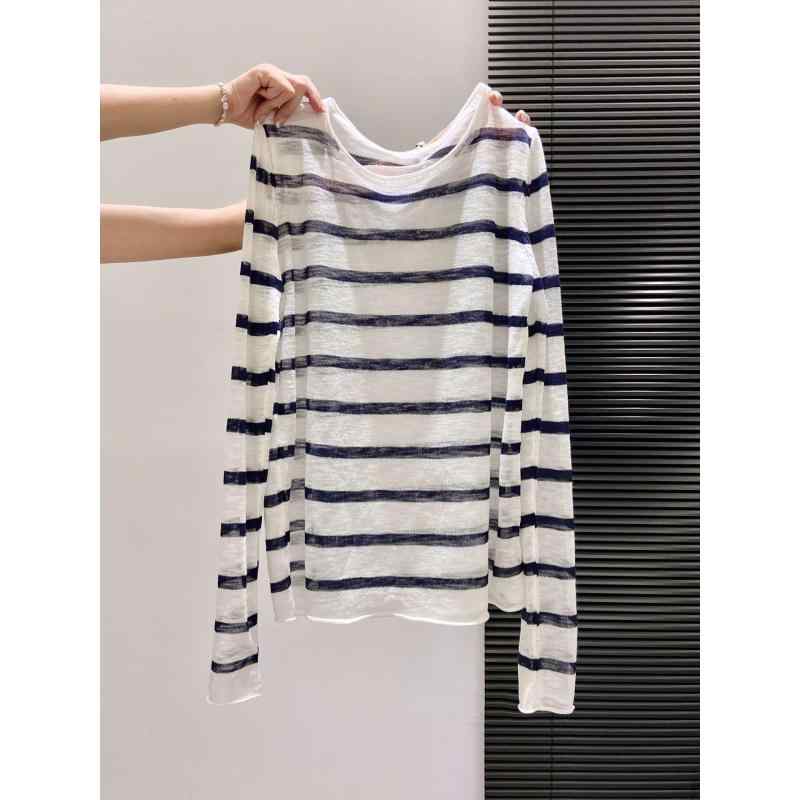Tシャツ レディース 薄手 ロールアップ ラウンドネック 長袖 トップス 配色 ストライプ ニット 普段使い リラックス 紫外線対策 冷房対策 カーディガン