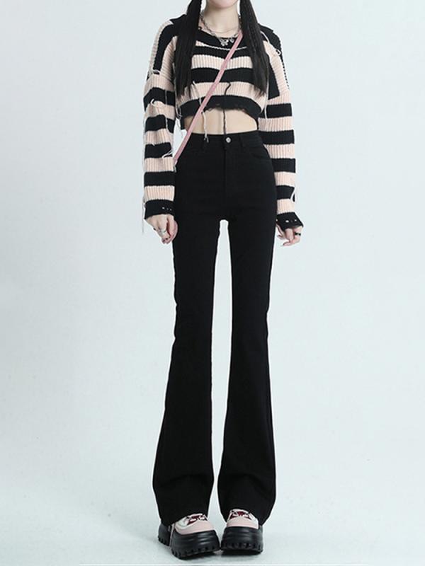 デニム レディース 春秋 黒色 スリム 着痩せ ハイウエスト ストレッチ ブーツカット ロングパンツ デニムパンツ