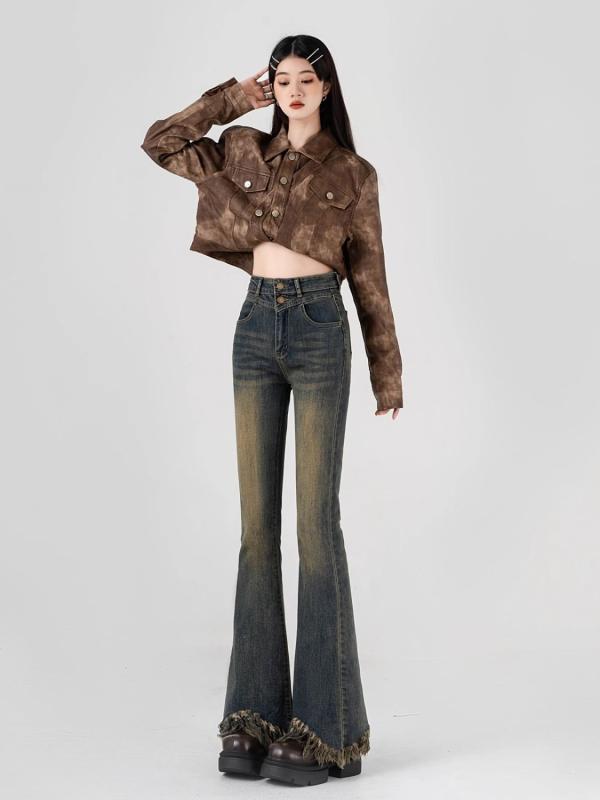 デニム レディース ハイウエスト ストレッチ 美脚 脚長効果 フリンジ ブーツカット ジーパン ジーンズ パンツ ボトムス 春 秋 カジュアル スタイル