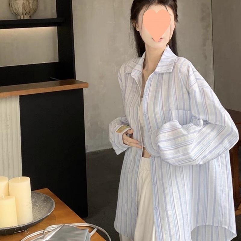 シャツ レディース 春夏 ストライプ 襟付き 長袖 薄手 ゆるかわ 接触冷感 紫外線対策 紫外線カット 冷房対策 リラックス ルーズ カジュアル