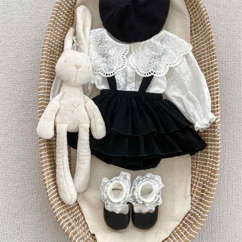 Top & Bottom Sets - ベビー服 女の子 春物 襟付きシャツ サロペット ブルマ 2点セット かわいい 韓国風 無地 コットン