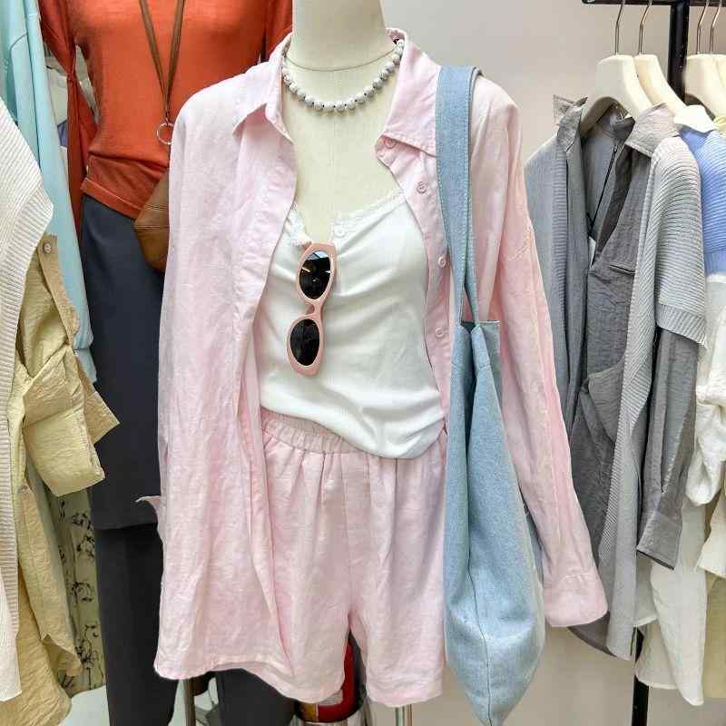 シャツ レディース 半袖 薄手 ピンク系 トップス ハイウエスト ワイド 短パン 上下 セットアップ 韓国風 春夏 かわいい 接触冷感