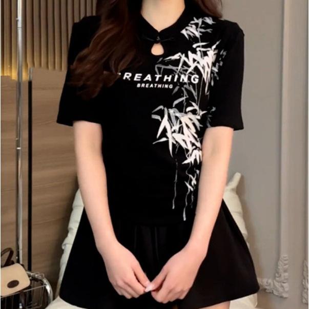 Rakuten - Tシャツ レディース 半袖 チャイナ風 トップス スリム 小柄 ストリート ファッション おしゃれ デザイン カットソー