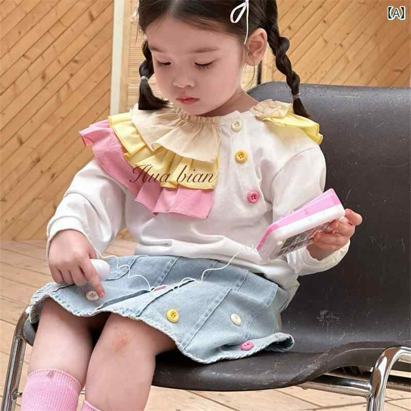 セットアップ キッズ 女の子 春秋 Tシャツ デニムスカート 上下セット 子供服 かわいい 韓国風 カラフル 花柄 レース フリル 長袖 トップス ミニスカート