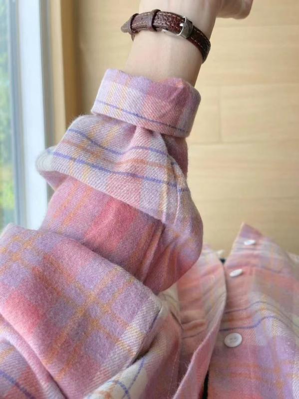 シャツ レディース ピンク系 格子柄 長袖 接触冷感 紫外線対策 UVカット 冷房対策 羽織りもの 部屋着 秋冬 レイヤードスタイル カジュアル