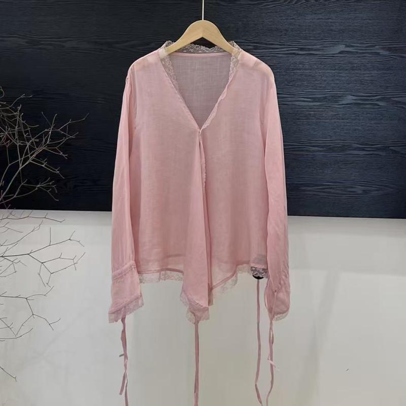 シャツ レディース 麻 レース 切り替え Vネック 長袖 トップス ブラウス カーディガン 羽織り 冷房対策 日焼け防止 紫外線対策 ゆったり 普段使い オフィス 春夏