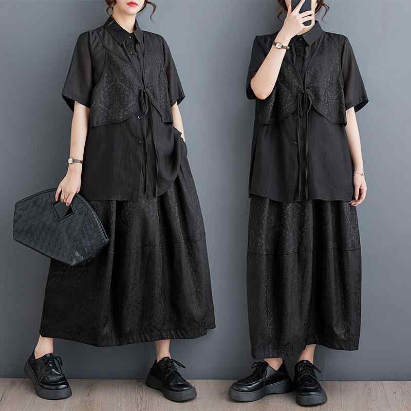 シャツ & スカート レディース 春夏 アンサンブル ゆったり 提花 刺繡 レトロ アート ワーク ウエスト リボン トップス ボトムス 切り替え デザイン マキシ丈スカート 上下 セットアップ 普段使い2