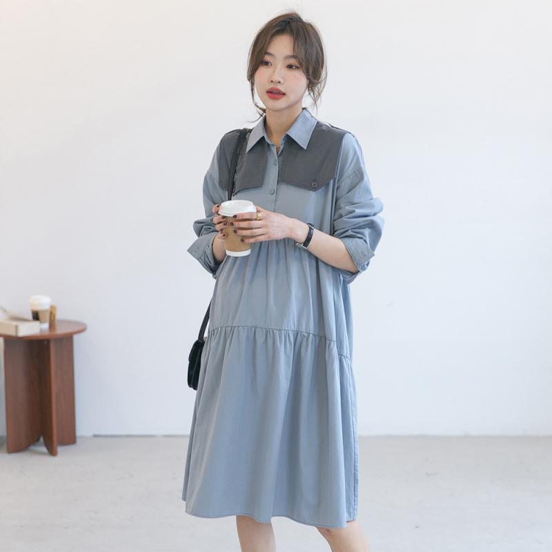 ワンピース マタニティ 春秋 長袖 授乳服 ショール 襟 Aライン シャツワンピ おしゃれ かわいい 韓国風 プレママ お出かけ2