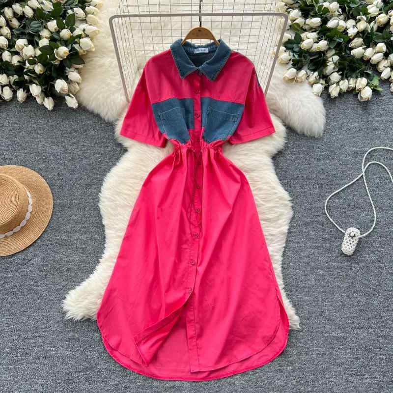 ワンピース レディース 春夏 韓国風 ファッション 襟付き デニム 切り替え 絞り 衬衣 スリット ロングスカート