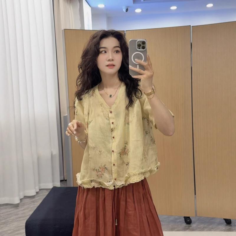 シャツ レディース 春夏 Vネック 半袖 リネン 花柄 トップス ゆったり チュニック ブラウス カットソー 森ガール ナチュラル かわいい