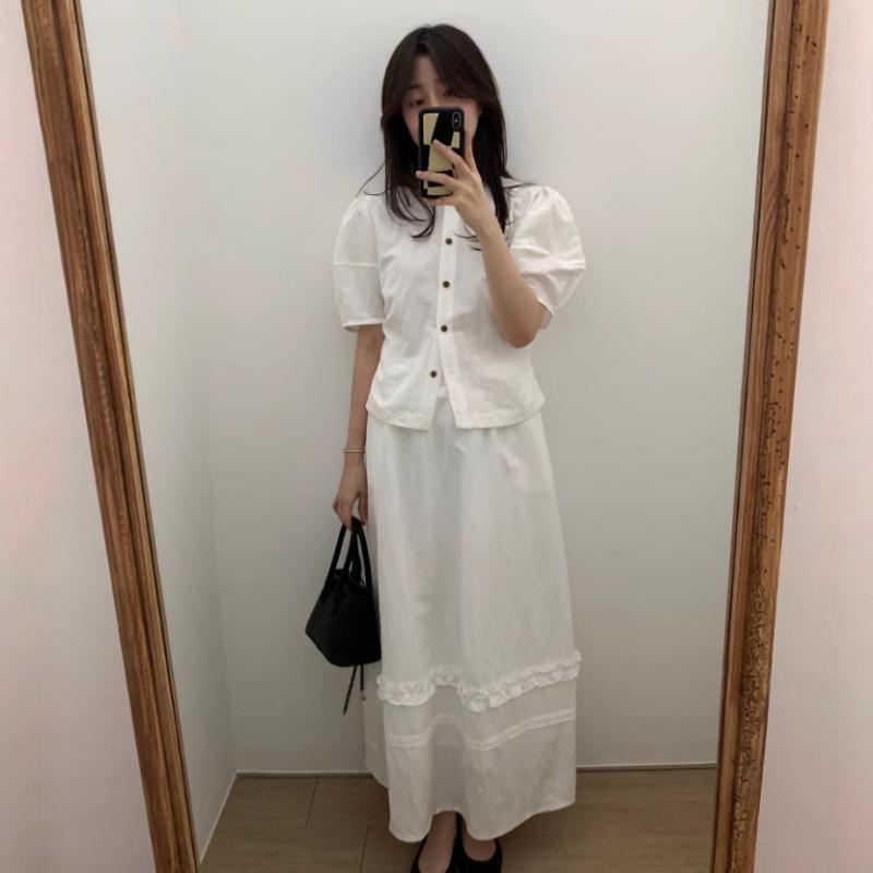 セットアップ レディース フレンチガーリー 丸首 パフスリーブ トップス ＋ ゴムウエスト フリル 膝丈 スカート