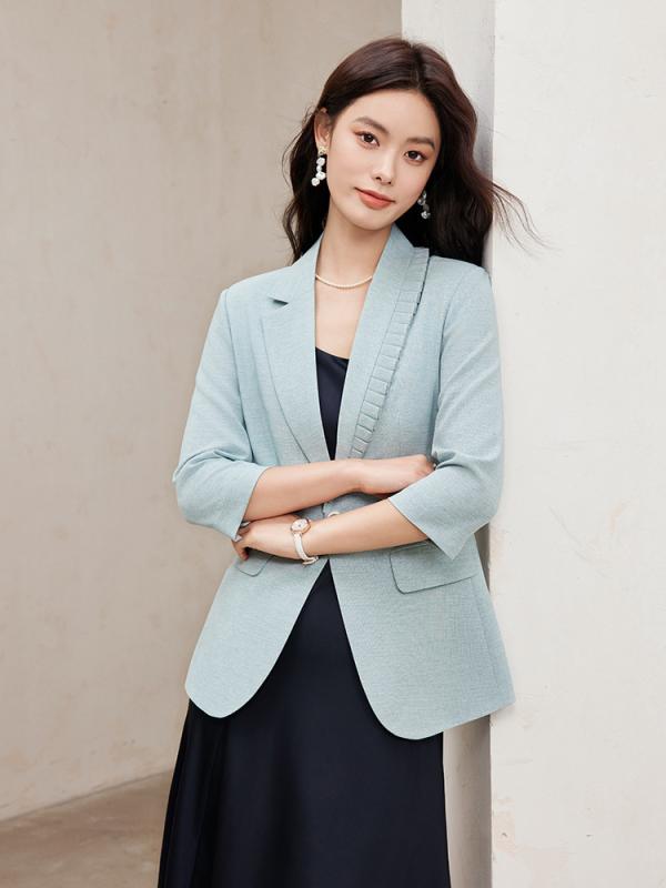 ジャケット レディース 春夏 ブルー 7分袖 韓国風 テーラードジャケット カジュアル きれいめ 着痩せ 通勤 オフィス 仕事 おしゃれ