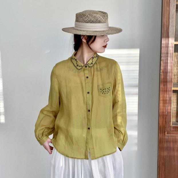 シャツ レディース ゆったり 文芸 苧麻 パッチワーク 刺繍 襟付き 長袖 日焼け止め カーディガン 春夏