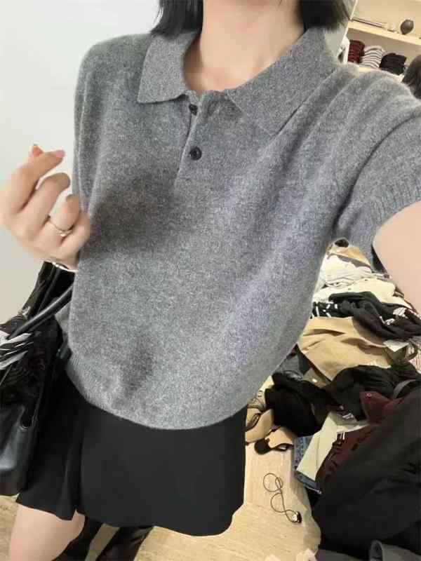 Tシャツ レディース 全羊毛 ニット 半袖 ポロ襟 ゆったり 薄手 グレー トップス 韓...