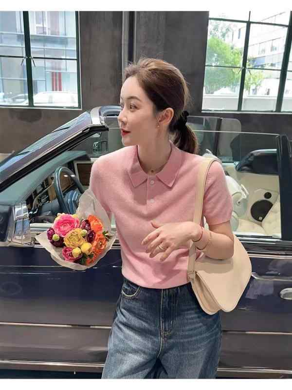 ニット レディース 半袖 ポロシャツ サマーニット トップス 韓国風 スリム 薄手 プルオーバー カットソー 通勤 普段使い 春夏 接触冷感 快適