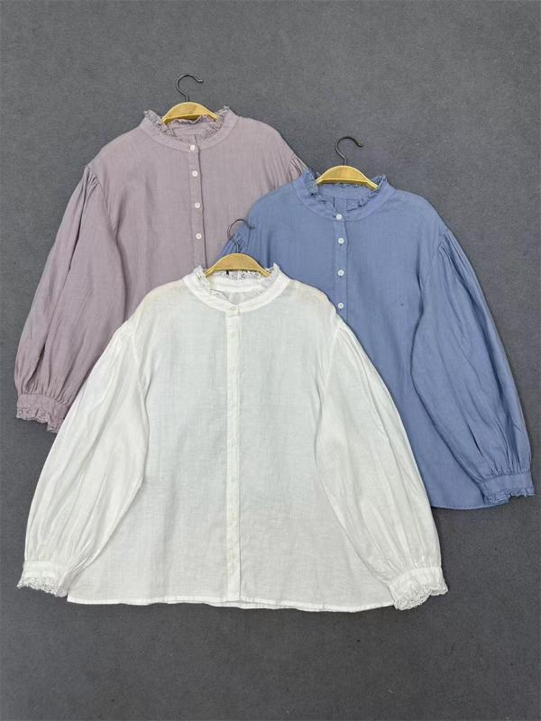 シャツ レディース 日本 лі亜麻 リネン トップス 森ガール 立ち襟 長袖 ラウンドネック ブラウス ナチュラル かわいい 切り替え 春秋2