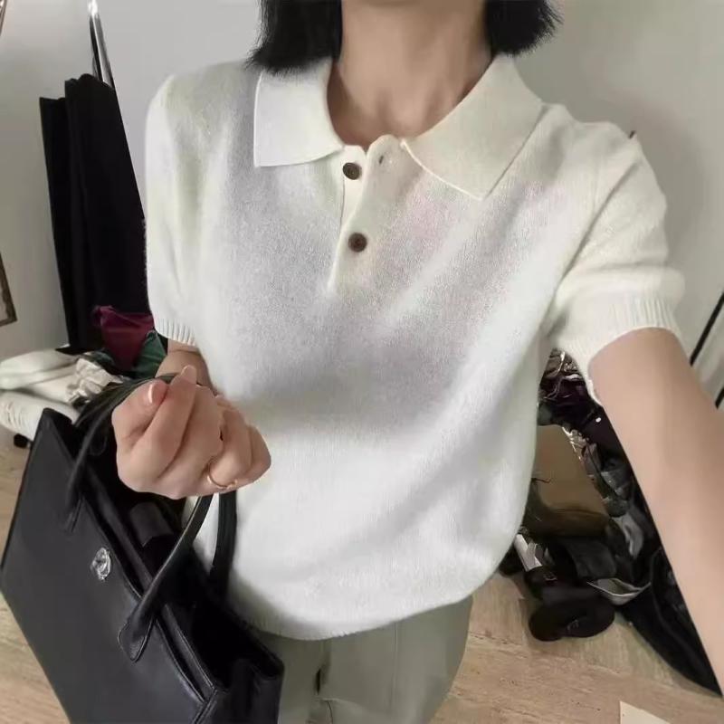 ニット レディース 韓国風 羊毛 Polo襟 半袖 プルオーバー ゆったり 普段使い インナー かわいい 秋冬 トップス