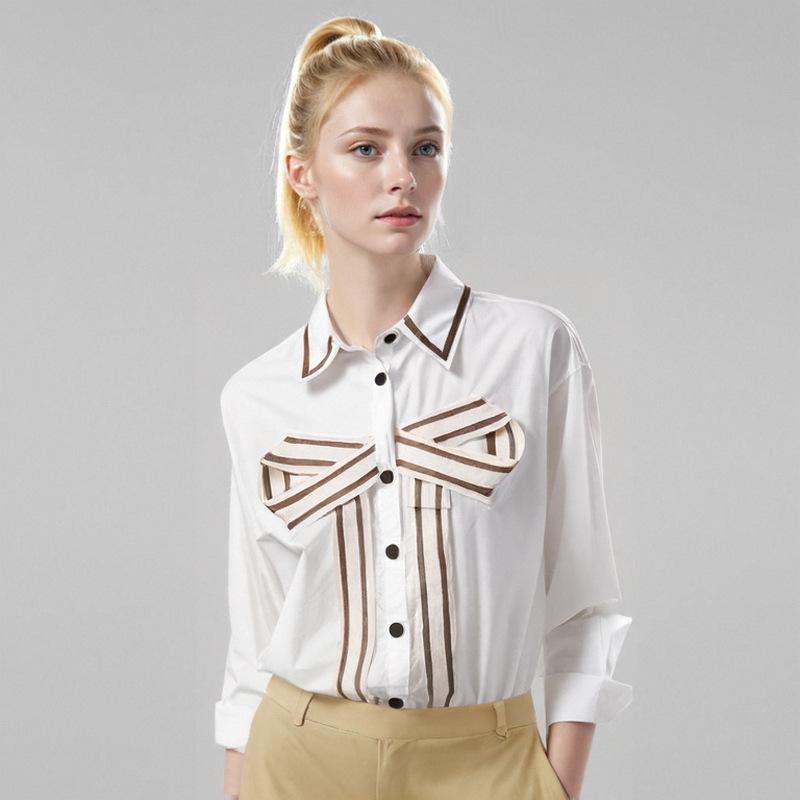 シャツ レディース 韓国風 ゆったり 配色 ライン デザイン バタフライ リボン 飾り 長袖 襟付き ブラウス トップス
