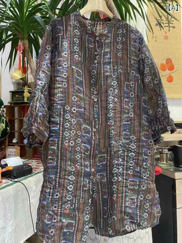 シャツ レディース 春夏 7分袖 チュニック丈 リネン ゆったり 総柄 ブラウス カーディガン 薄手 羽織り 冷房対策 紫外線対策