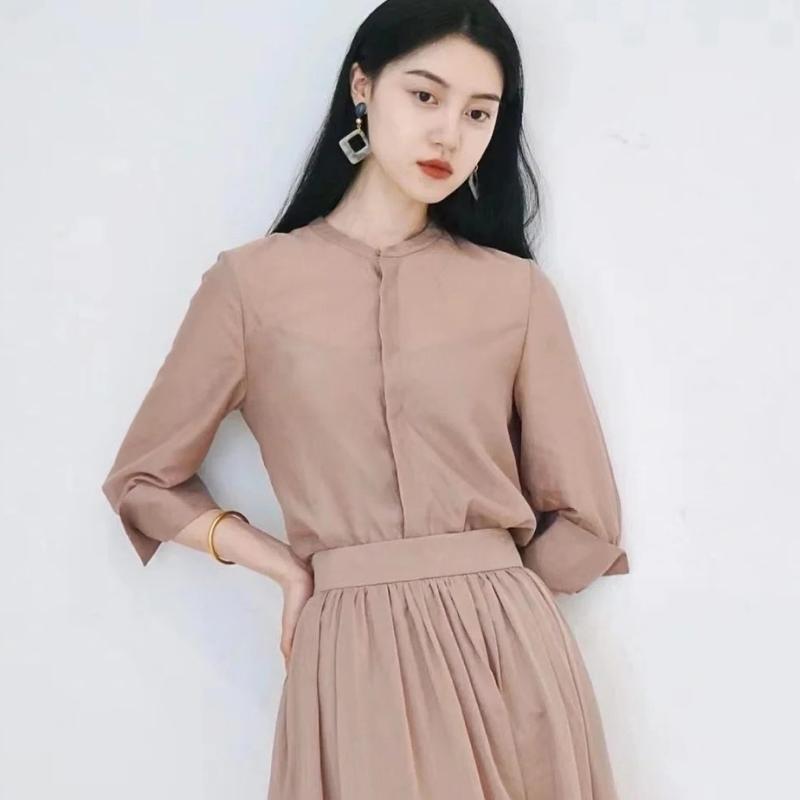 シャツ レディース 女性用 長袖 丸首 花柄 トップス 再生繊維 接触冷感 ブラウス 通勤 オフィス カジュアル 春夏