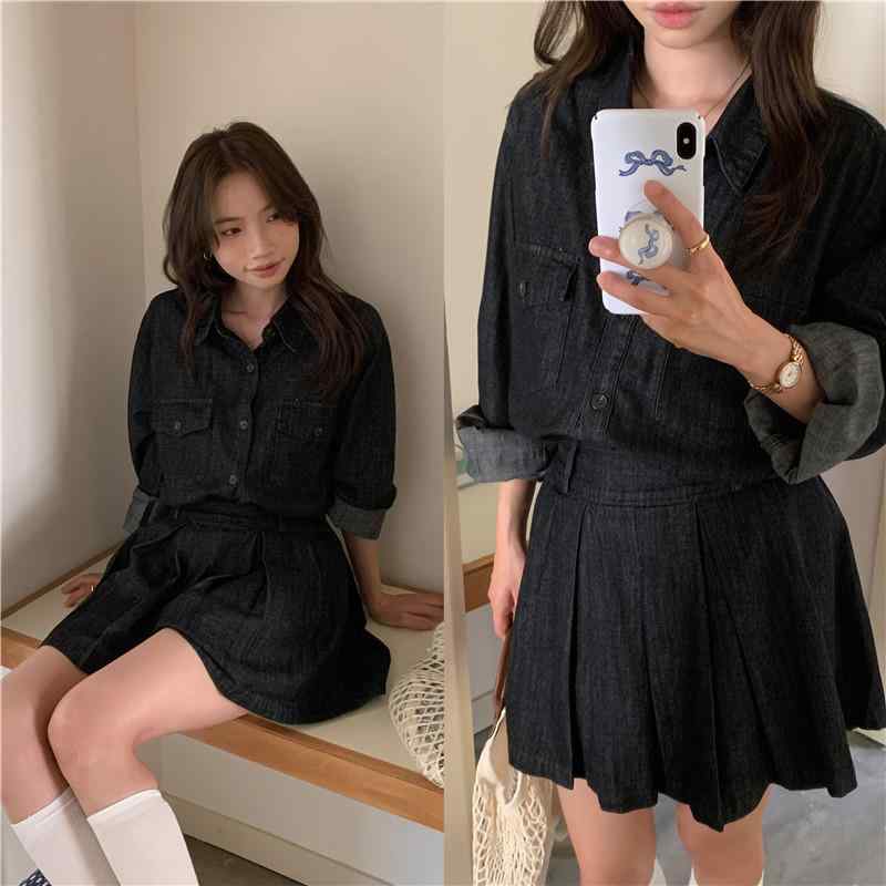 シャツ レディース デニム 長袖 ウォッシュ加工 + スカート プリーツ ミニ ハイウエスト 上下 セットアップ 韓国風 かわいい ガーリー カジュアルスタイル