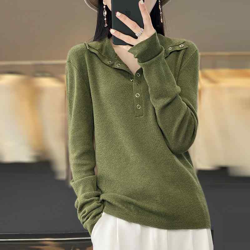 ニット レディース 秋冬 ショート丈 ゆったり POLOネック 長袖 プルオーバー トップス ウール あったか 無地 着痩せ カジュアル・素材: 羊毛・主な素材: 羊毛・厚さ: 中程度・組み合わせ形式: シングル・スタイル: プルオーバー・フィット: ゆったり・袖のタイプ: レギュラー袖・ネックライン: ポロ襟・袖丈: 長袖・流行の要素: スタッズ・カラー: グレー, ブラック, ダークブラウン, リーフグリーン・サイズ: S, M, L, XL, XXL・スタイル: 通勤・着方: プルオーバー・主な素材の含有量: 80%-90%・前立て: プルオーバー・スタイル: 通勤スタイル・製品カテゴリ: セーター, ニット