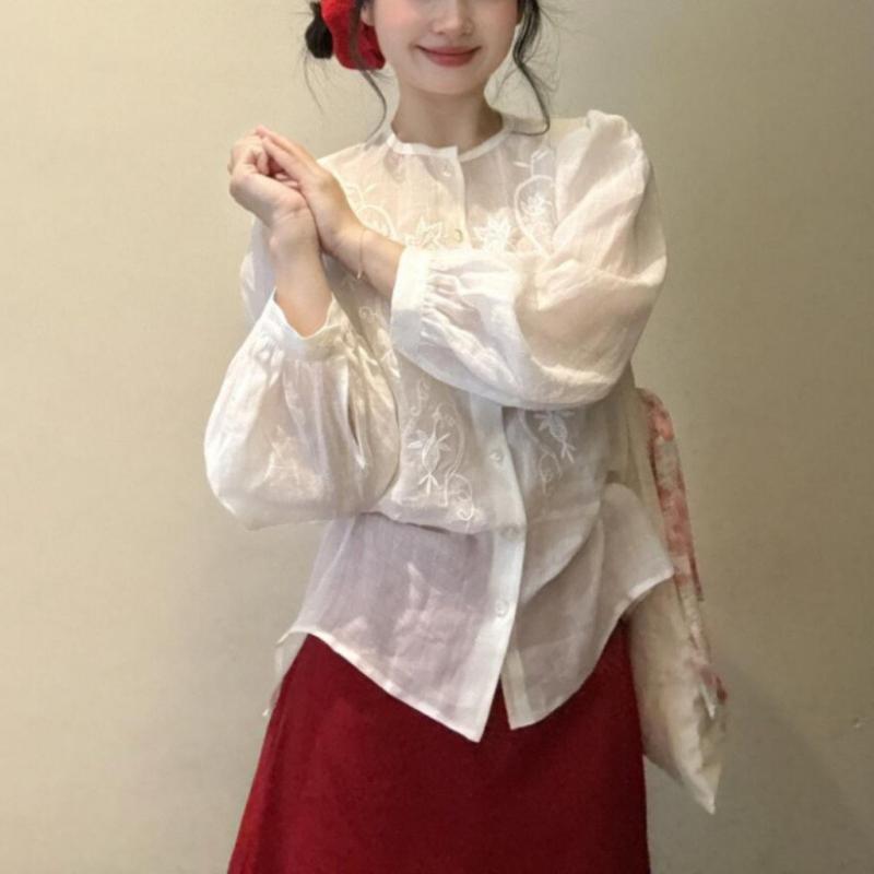 シャツ レディース 長袖 ラウンドネック 刺繍 春秋 トップス 韓国風 ゆったり 体型カバー おしゃれ かわいい ブラウス きれいめ