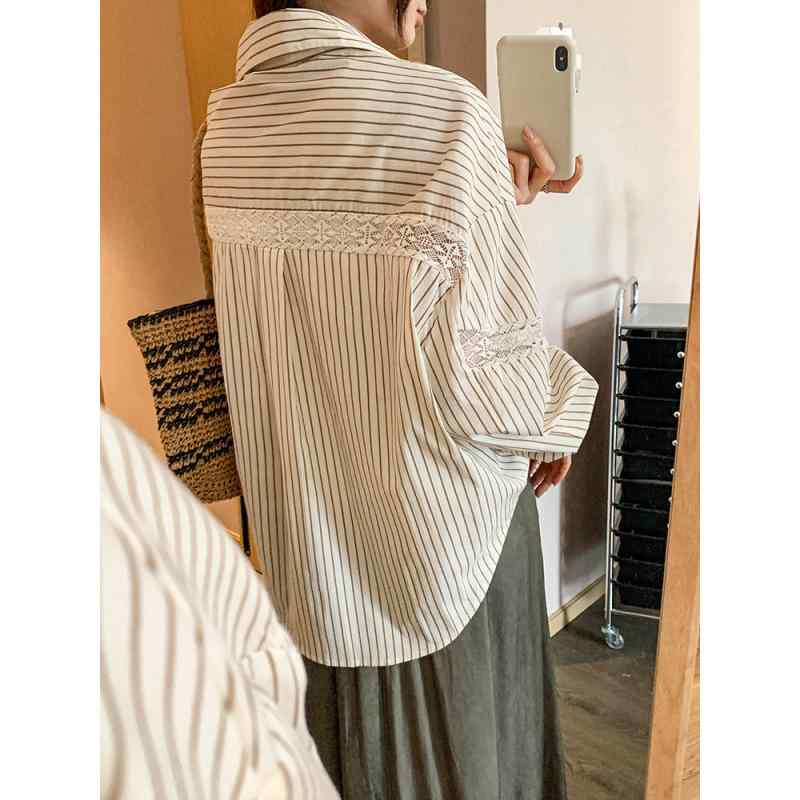 シャツ レディース 春 長袖 レース 切り替え ストライプ トップス ゆったり 普段使い カジュアル