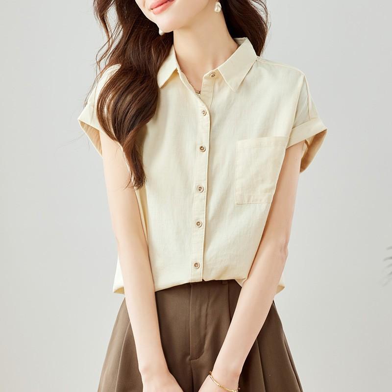 シャツ レディース 半袖 韓国風 デザイン トップス 高級感 細見え 通勤 ゆったり ブラウス(3.0)