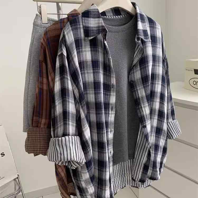 シャツ レディース 秋冬 韓国風 ゆったり 格子柄 コットン 薄手 長袖 ブラウス トップス 羽織り 紫外線対策 冷房対策 ネルシャツ