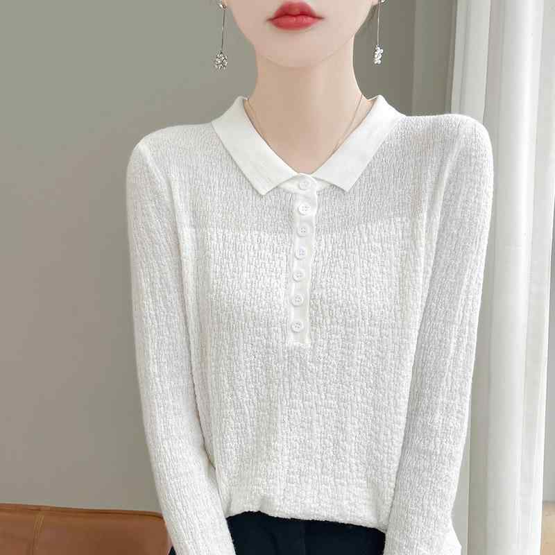 Three-Quarter Knit - シャツ レディース トップス 精紡ウール ニット ポロ襟 長袖 プルオーバー ボタン留め ハーフオープン ファッション エレガント