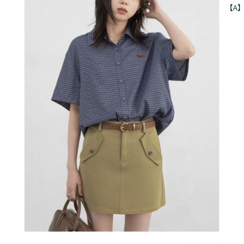 シャツ レディース 翻领 刺繍 チェック柄 半袖 トップス 百搭 Miu Miu系 ブラウス