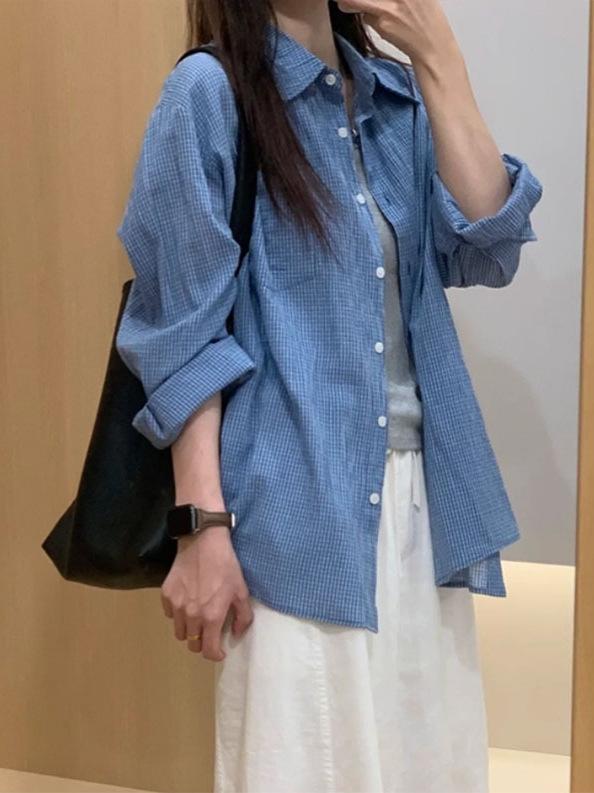 シャツ レディース ブルー 格子柄 長袖 紫外線対策 接触冷感 接触涼感 ゆったり かわいい 冷房対策 羽織り トップス