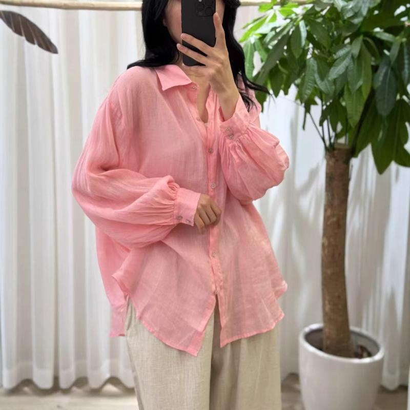 乐天商城 - シャツ レディース 春夏 苎麻 麻 リネン混紡 無地 シンプル ゆったり 紫外線対策 冷房対策 羽織り ブラウス トップス