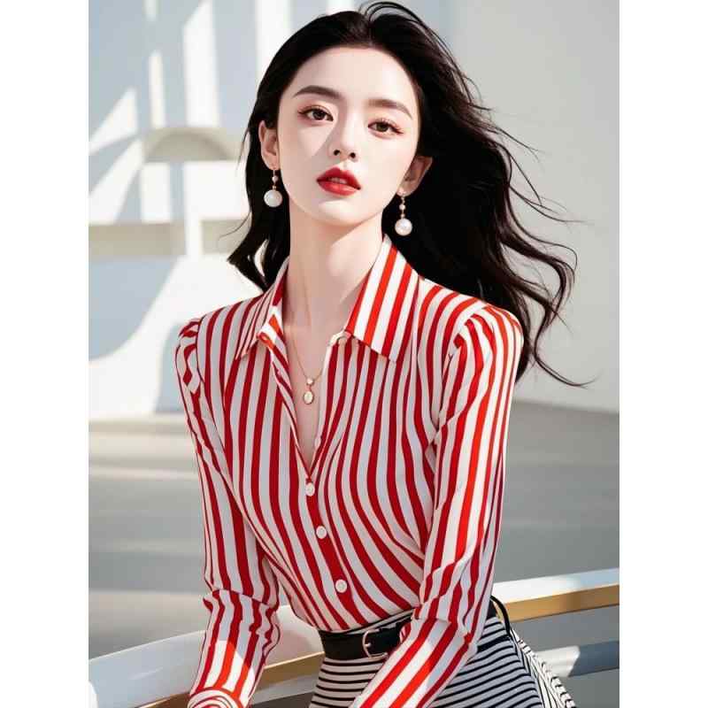 シャツ レディース 長袖 トップス 早秋 ストライプ柄 ブラウス エレガント きれいめ かわいい 韓国系 シック おしゃれ 高見え レッド