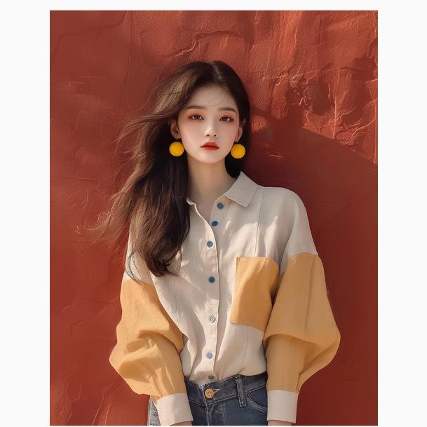 シャツ レディース 杏色 切り替え 長袖 トップス 小众 独特别致 高見え 韓国風 柔らか かわいい 早秋 薄手 ブラウス 通勤着 普段使い デート
