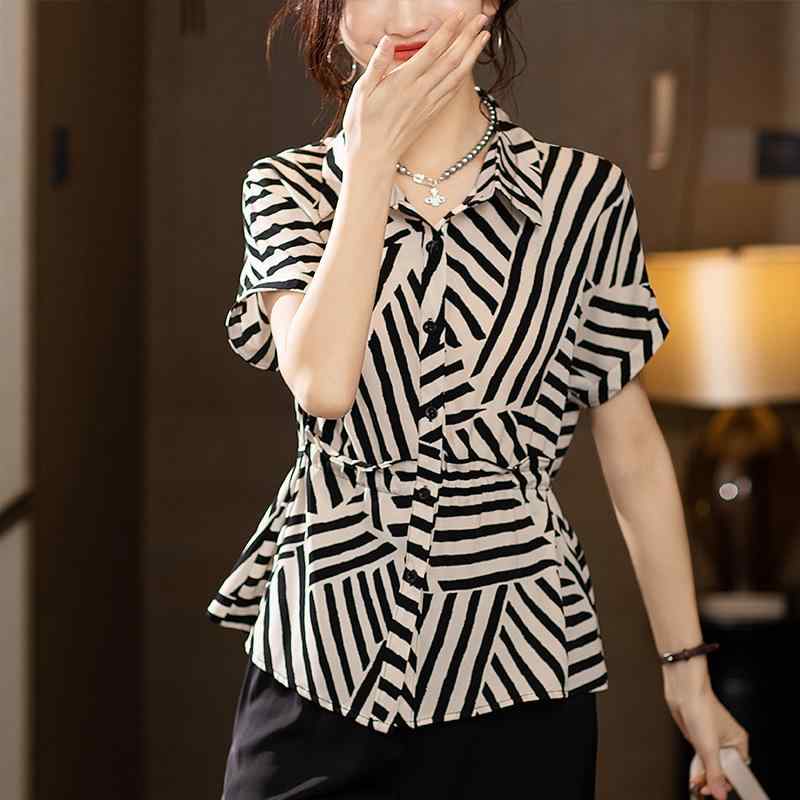 シャツ レディース トップス 春夏 韓国風 スタイル 半袖 縞模様 ストライプ柄 ゆったり 普段使い かわいい おしゃれ