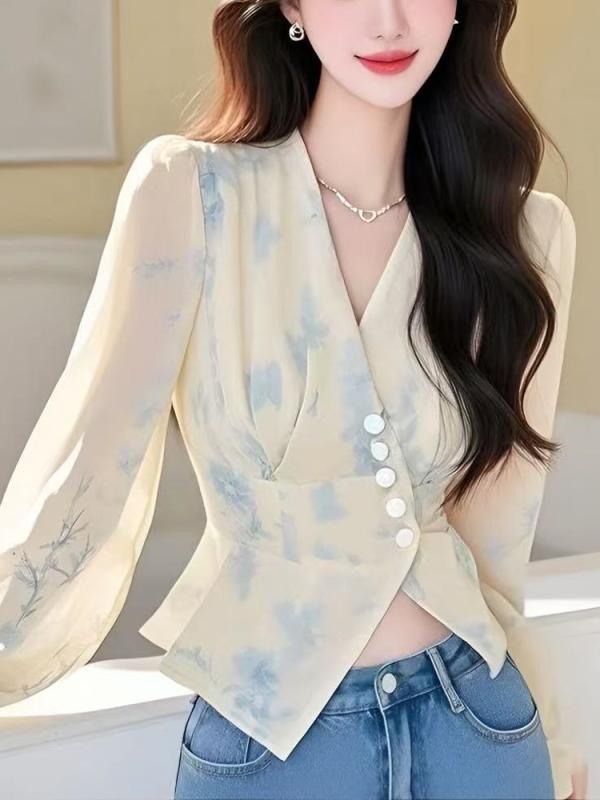 シャツ レディース 春 Vネック 小花柄 トップス ウエストシェイプ かわいい きれいめ イエロー系 オシャレ ファッション 上品