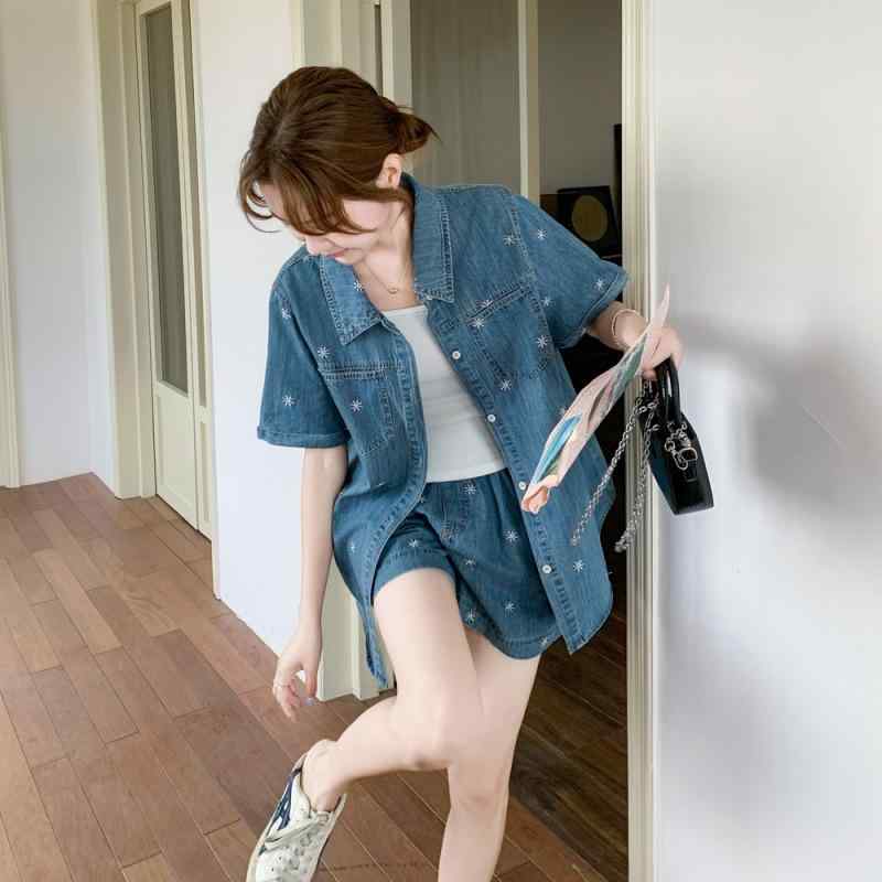 シャツ レディース 半袖 ショートパンツ セットアップ 韓国 ファッション ゆったり レトロ 小柄 春夏 デニム