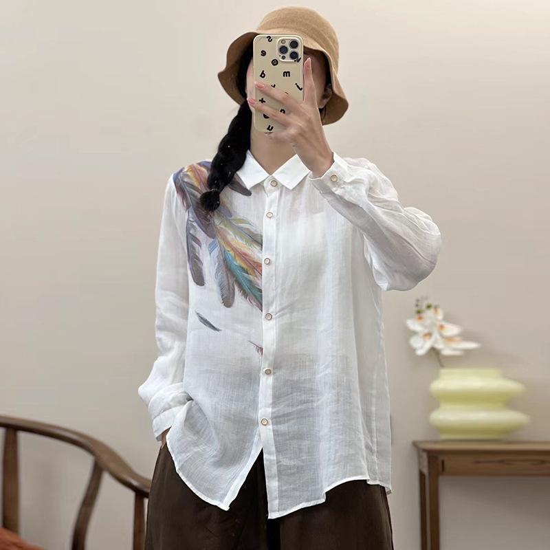 Rakuten - シャツ レディース 春夏 トップス 苎麻 リネン デジタルプリント柄 レギュラーカラー ゆったり 体型カバー 長袖 ブラウス2