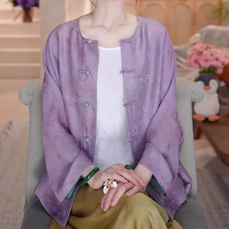 シャツ レディース チャイナ風 唐装 トップス 中国風 デザイン ブラウス ジャケット アウター 羽織り 上着 リバーシブル 電気メッキ加工 ボタン